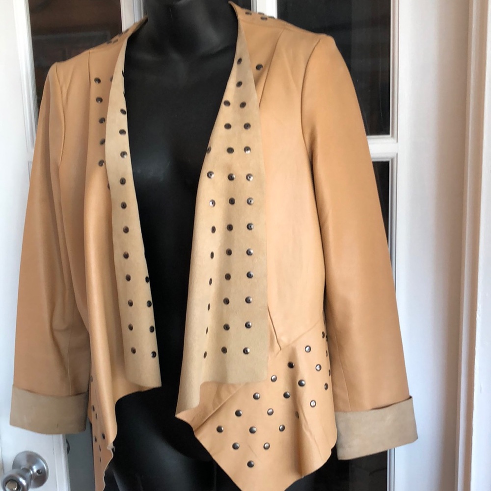 Cache Studded Tan Leather Open-Front Jacket